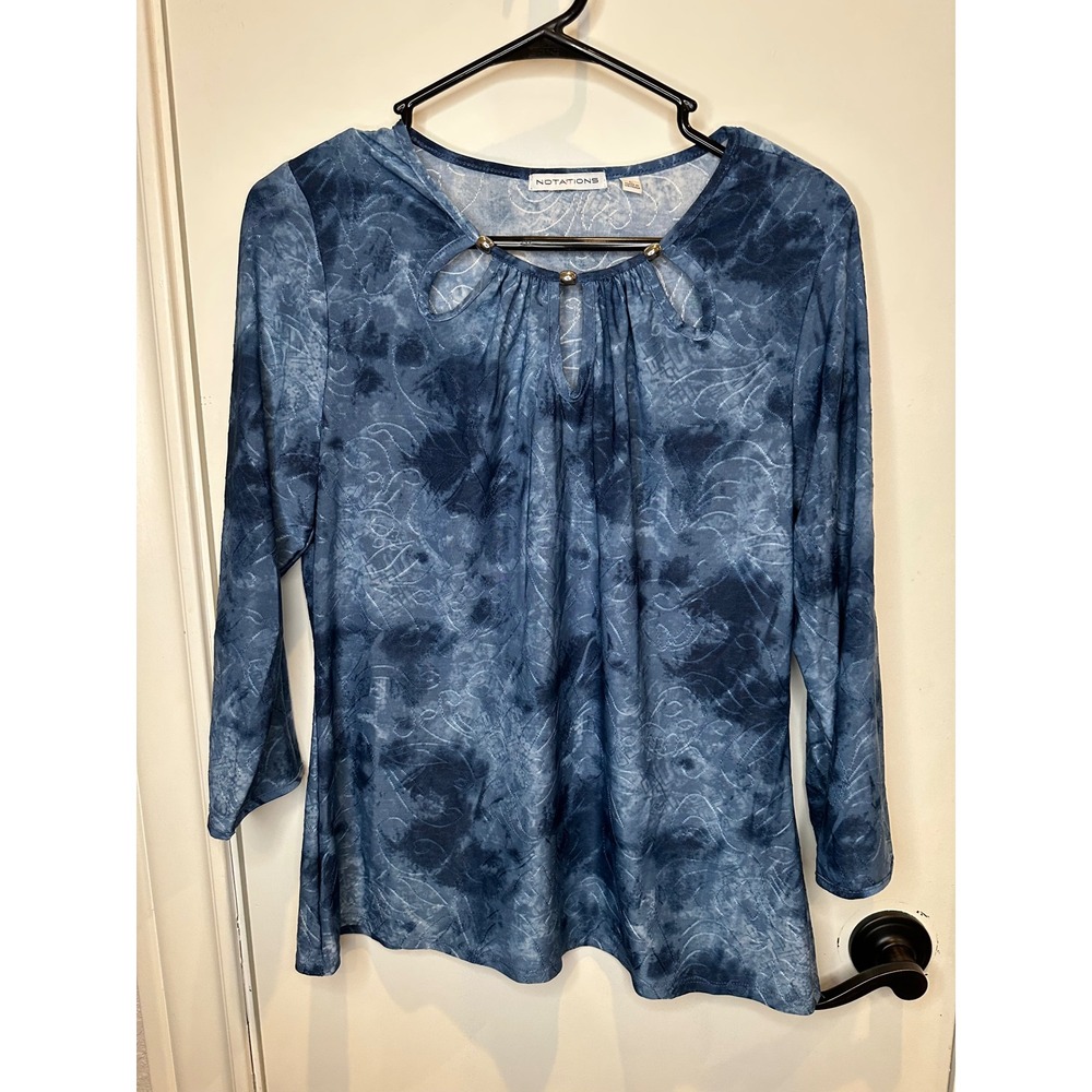 Notations Blue Tie Dye Embroidered Keyhole Blouse Silver Bead Accent Large